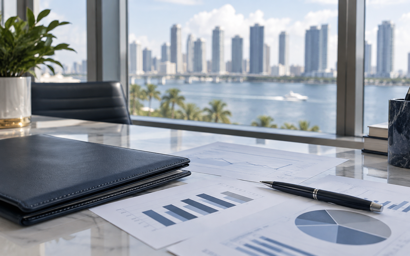 Escena ilustrativa de planificación de una inversión, en una oficina con vistas a Miami